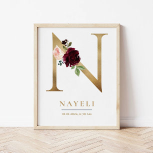 Affiche N Lettre Monogramme Nom Marsala Floral Nursery