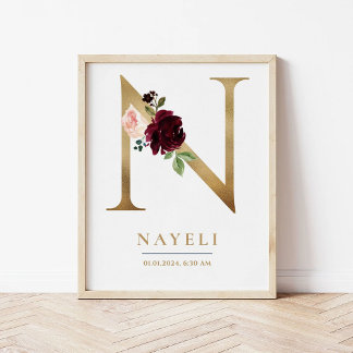 Affiche N Lettre Monogramme Nom Marsala Floral Nursery