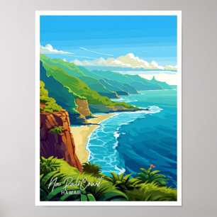 Affiche Na Pali Coast Hawaii Illustration Vintage de voyag