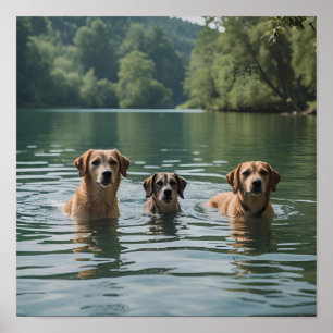 Affiche Nage en famille de chiens dans le lac - Nature pai