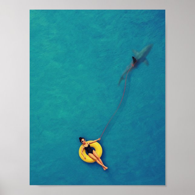 Affiche Nageur promenant un requin dans l'océan (Devant)