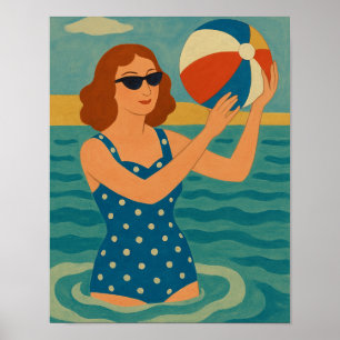 Affiche Nageur vintage avec ballon de plage