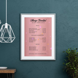 Affiche Nail Tech Esthétique Liste de prix Rose Or