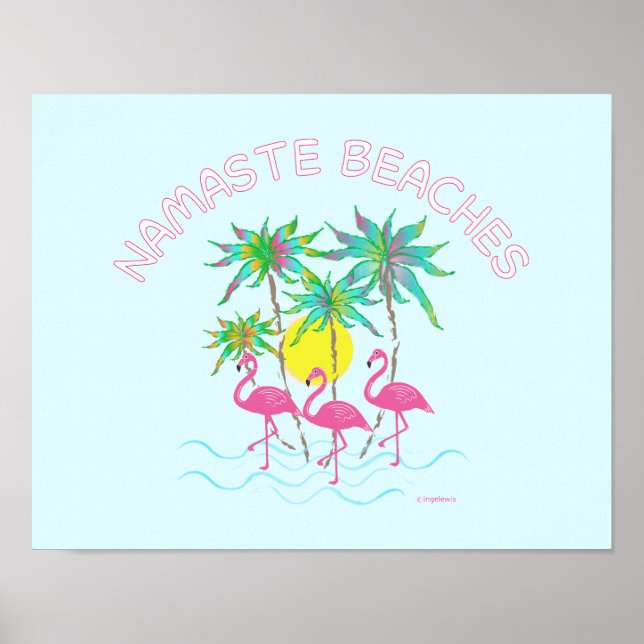 Affiche Namaste Beach Flamants roses Zen Yoga Fun Art Post (Devant)