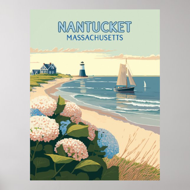Affiche Nantucket Beach Hydrangeas Lighthouse Rétro (Devant)