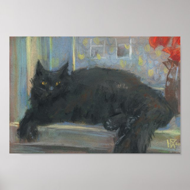 Affiche Nap Interrompu, Peinture Impressionniste Chat Noir (Devant)