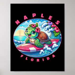 Affiche Naples Floride Jolie Fille Surfant Tortue de Mer