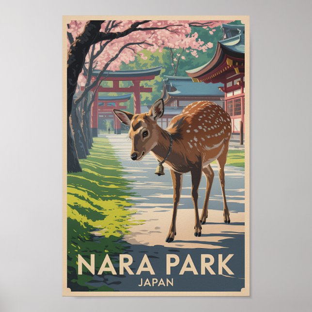 Affiche Nara Park Japan Deer Illustration Travel Art Retro (Devant)