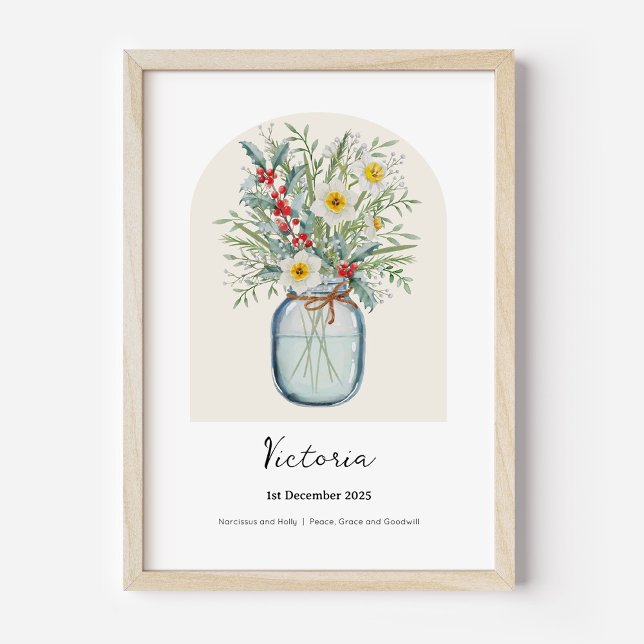 Affiche Narcisse Houx Fleur de Naissance Décembre (Personalised December Birth Month Flower Bouquet in Vase Poster | Holly and Narcissus.)