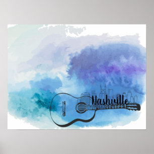 Affiche Nashville Skyline Guitare Aquarelle Design