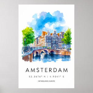 Affiche nationale vintage aquarelle Amsterdam Ski