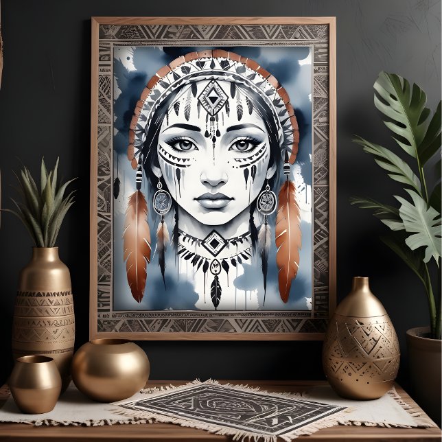 Affiche Native American Woman Portrait Feather Headdress (Native American Woman Watercolor Effect Portrait with Feather Headdress Poster.)