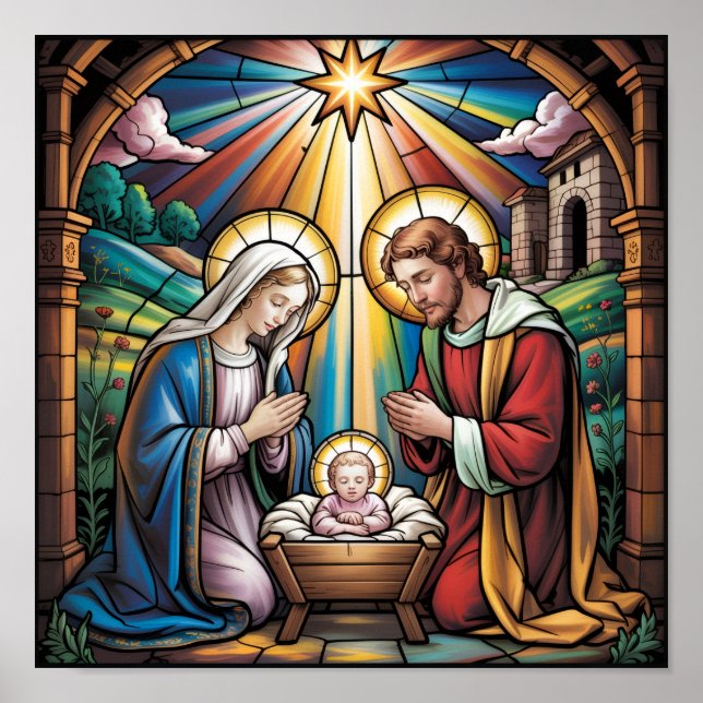 Affiche Nativity Stained Glass Art – Holy Family Christmas (Devant)