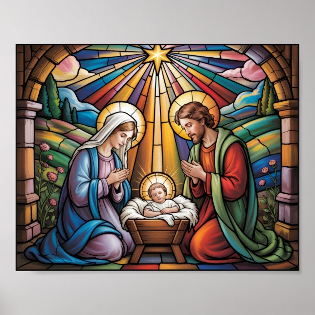 Affiche Nativity Stained Glass Art – Holy Family Christmas (Devant)