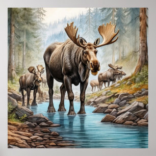 Affiche *~* Nature AP49 MOOSE HERD Forest STREAM