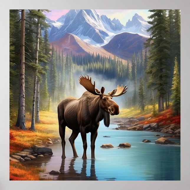 Affiche *~* Nature AP49 MOOSE Mountain Forest STREAM (Devant)