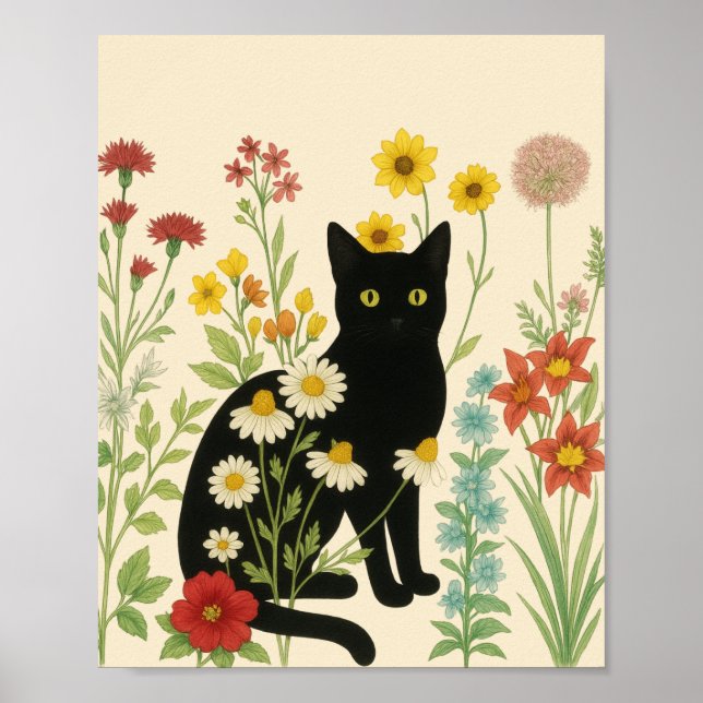 Affiche Nature botanique – Chat noir dans un jardin de fle (Devant)