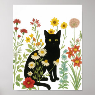 Affiche Nature botanique – Chat noir dans un jardin de fle