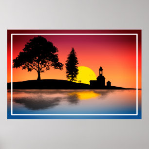 Affiche Nature Lake Trees Couple Silhouette Artwork