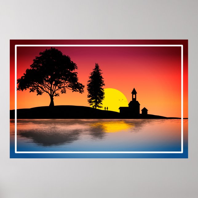 Affiche Nature Lake Trees Couple Silhouette Artwork (Devant)