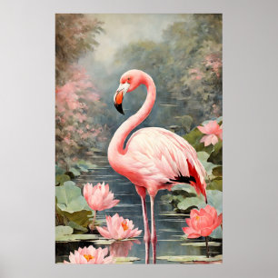 Affiche Nature Lotus Pond Flamant rose rose Vintage