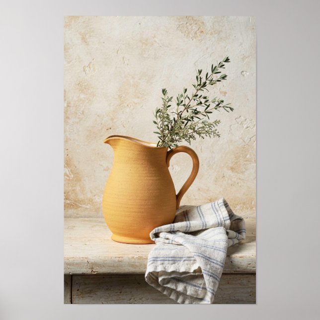Affiche Nature morte avec pot ochre et linge rayé bleu (Devant)