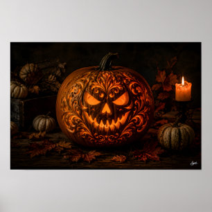 Affiche Nature morte de citrouille sur table en bois lunat