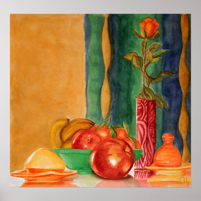 Affiche nature morte de roses et de fruits (Devant)