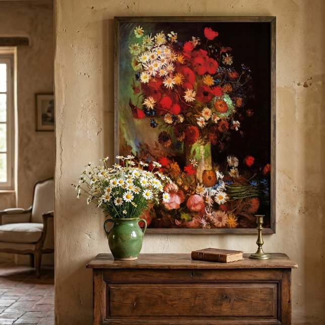 Affiche Nature morte Fleurs dans un vase de Vincent van Go (Vase with Poppies, Cornflowers, Peonies and Chrysanthemums by Vincent van Gogh.)