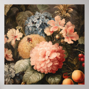 Affiche Nature morte florale vintage avec floraison rouge