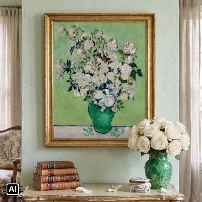 Affiche Nature morte Roses dans un vase par Vincent van Go (Roses by Vincent van Gogh is a vintage fine art post impressionism still life floral painting.)