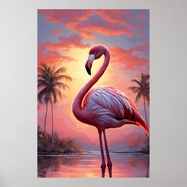 Affiche Nature Sunset Flamant rose rose Vintage (Devant)