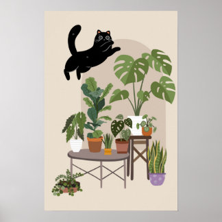 Affiche Naughty Black Cat & Monstera Jungle