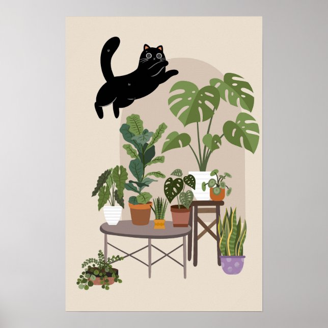 Affiche Naughty Black Cat & Monstera Jungle (Devant)