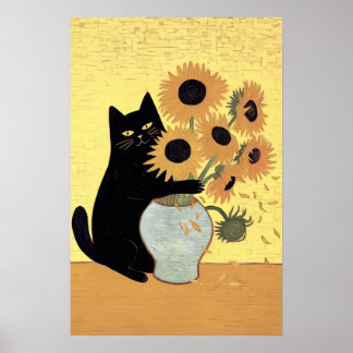 Affiche Naughty Black Cat Sunflower Painting Style