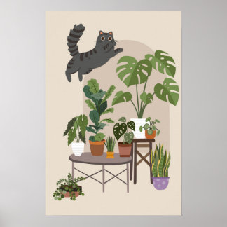 Affiche Naughty Grey Tabby Cat & Monstera Jungle