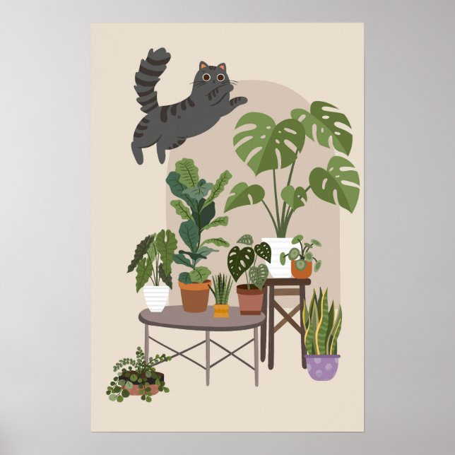 Affiche Naughty Grey Tabby Cat & Monstera Jungle (Devant)