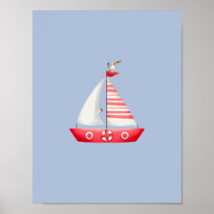 Affiche Nautical Beach Red Sailboat With Seagulls Nursery