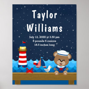Affiche Nautical Boy Bear Statistiques de naissance de la 