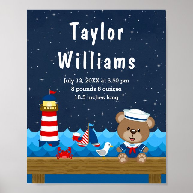 Affiche Nautical Boy Bear Statistiques de naissance de la  (Devant)