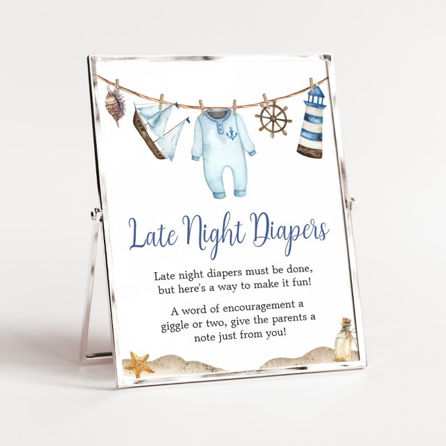 Affiche Nautical Sailor Ahoy Baby shower Late Night Diaper (Nautical Ahoy Baby Shower Late Night Diapers Sign)