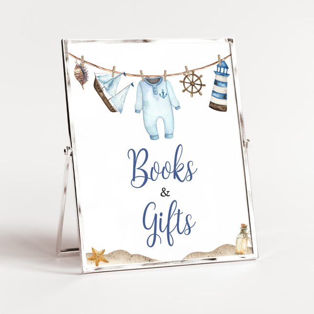 Affiche Nautical Sailor Ahoy Baby showers Livres et Cadeau (Nautical Ahoy Baby Shower Books and Gifts Sign)