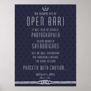 Affiche Nautical Wedding Open Bar Sign 18x24 Blue Anchors