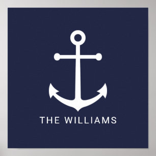 Affiche Nautical White Anchor and Custom Name on Navy Blue