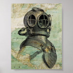 Affiche nautique antique de casque de carte et de