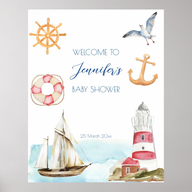 Affiche Nautique marine thème de voile garçon baby shower (Devant)