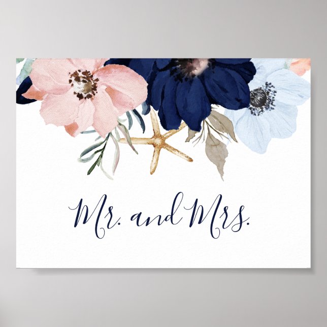 Affiche Nautique moderne | Floral M. et Mme Mariage Sign (Devant)