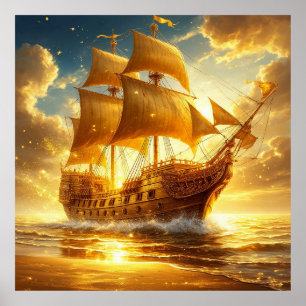 Affiche Navire à voile doré sur la mer au coucher du solei