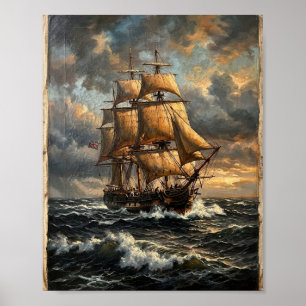 Affiche Navire à voiles côtières orageuses et houleuses II