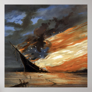 Affiche navire amiral rebelle de la guerre civile en feu a